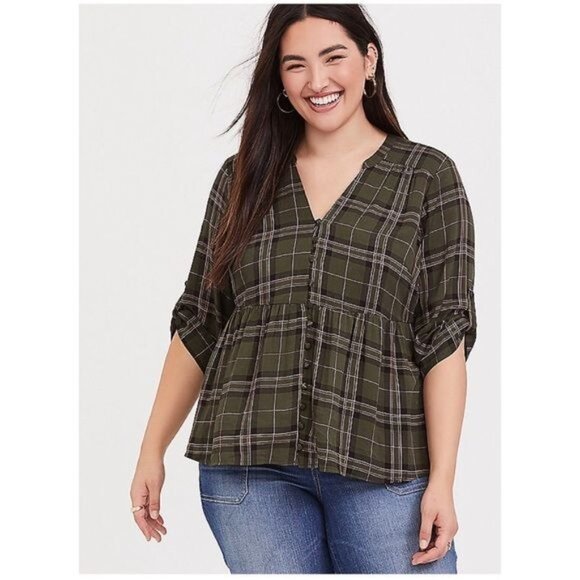 NEW Torrid Womens Plus 3X Green Plaid Peplum Button Up Blouse Shirt Top - Picture 1 of 9